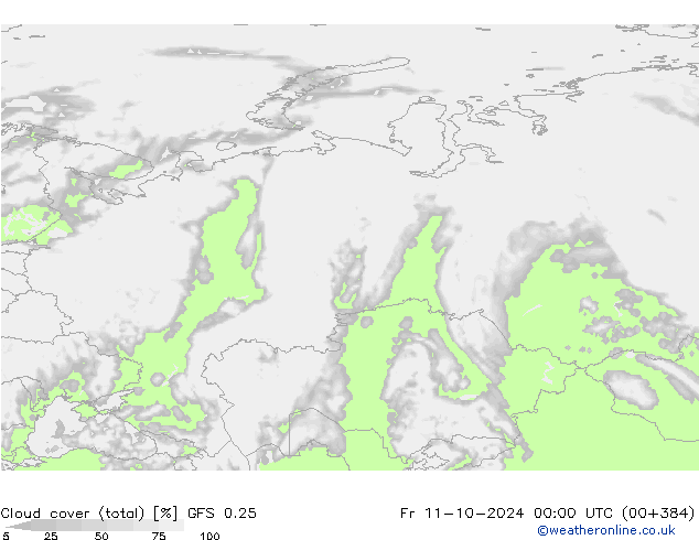 Cloud cover (total) GFS 0.25 Fr 11.10.2024 00 UTC