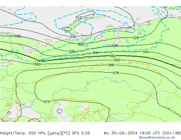 Hoogte/Temp. 500 hPa GFS 0.25 ma 30.09.2024 18 UTC