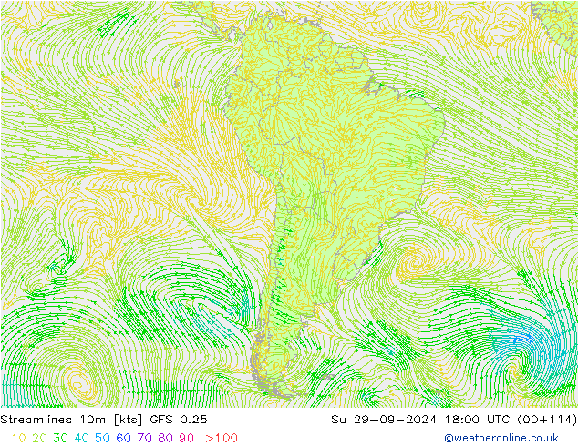 Linha de corrente 10m GFS 0.25 Dom 29.09.2024 18 UTC