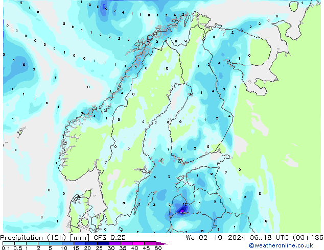 Totale neerslag (12h) GFS 0.25 wo 02.10.2024 18 UTC