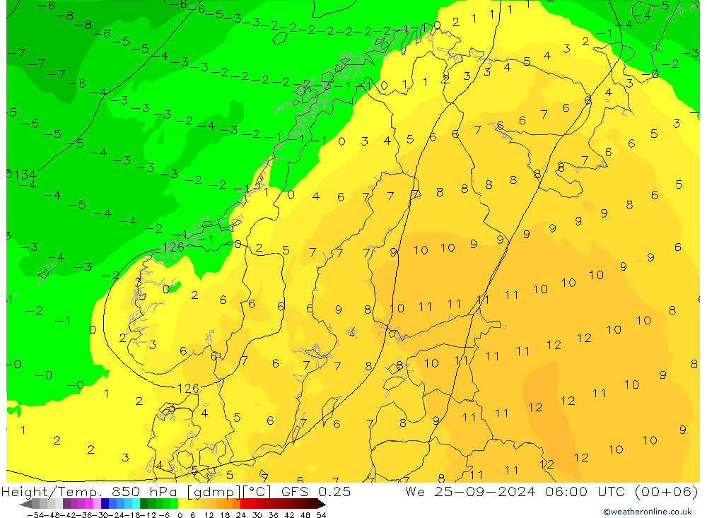 Z500/Rain (+SLP)/Z850 GFS 0.25 Mi 25.09.2024 06 UTC