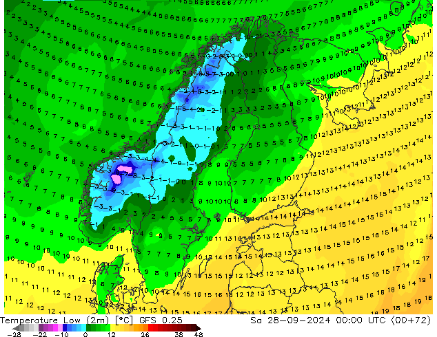 Temperature Low (2m) GFS 0.25 Sa 28.09.2024 00 UTC