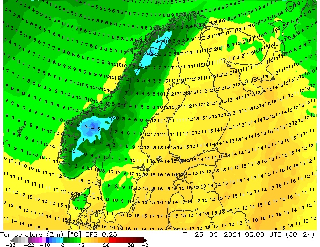 Sıcaklık Haritası (2m) GFS 0.25 Per 26.09.2024 00 UTC