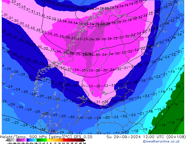 Z500/Rain (+SLP)/Z850 GFS 0.25  29.09.2024 12 UTC