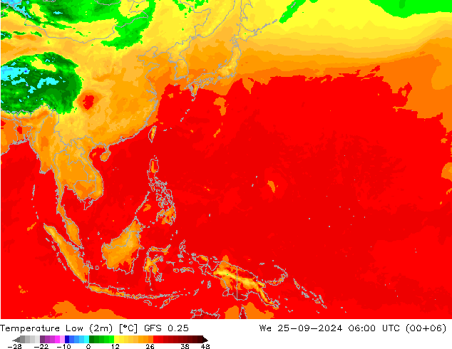 Temperature Low (2m) GFS 0.25 We 25.09.2024 06 UTC