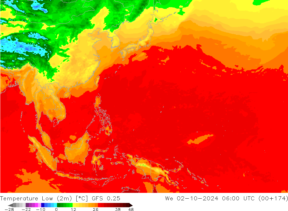 Temperature Low (2m) GFS 0.25 We 02.10.2024 06 UTC