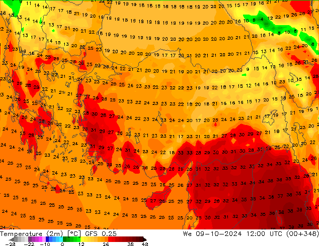 Temperature (2m) GFS 0.25 We 09.10.2024 12 UTC