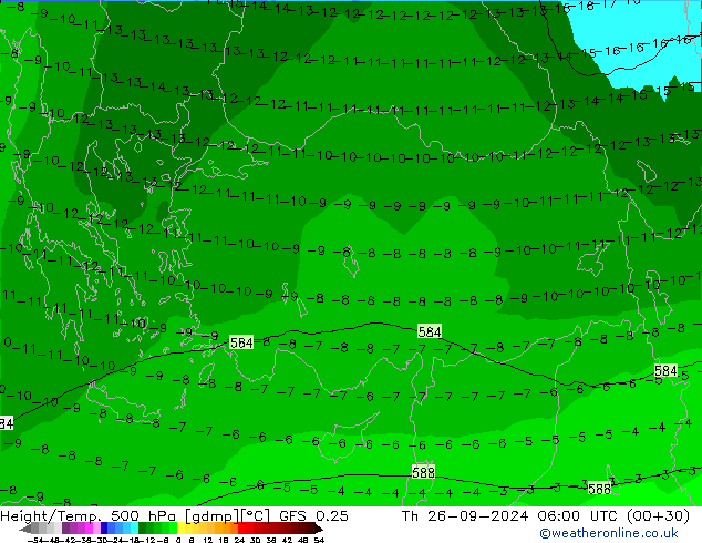 Z500/Rain (+SLP)/Z850 GFS 0.25 Čt 26.09.2024 06 UTC