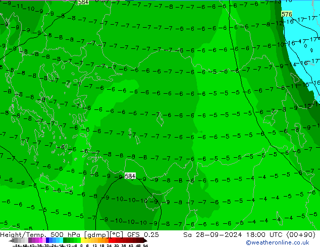 Height/Temp. 500 hPa GFS 0.25 so. 28.09.2024 18 UTC