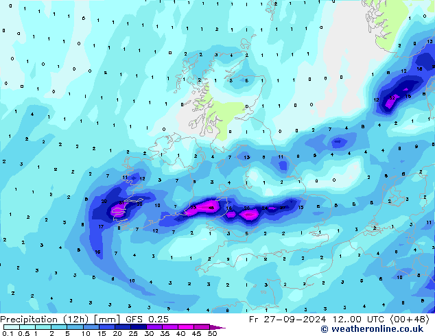 осадки (12h) GFS 0.25 пт 27.09.2024 00 UTC