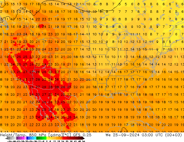 Height/Temp. 850 hPa GFS 0.25 śro. 25.09.2024 03 UTC