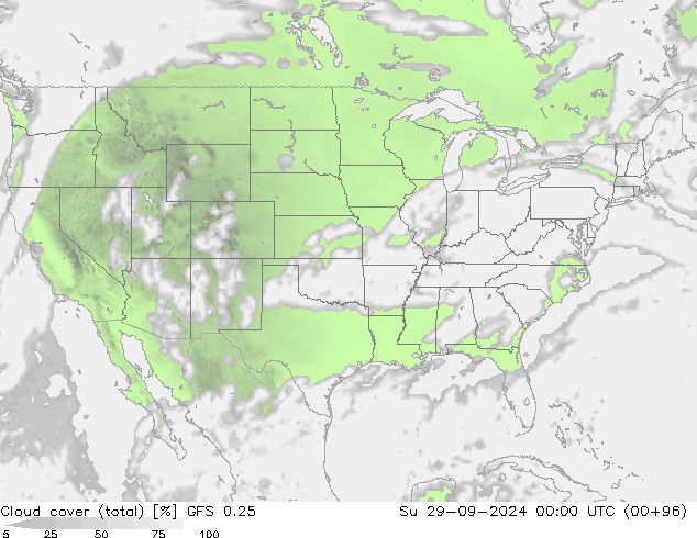 Cloud cover (total) GFS 0.25 Su 29.09.2024 00 UTC