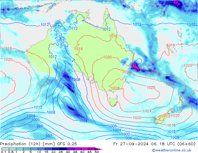 Precipitation (12h) GFS 0.25 Fr 27.09.2024 18 UTC