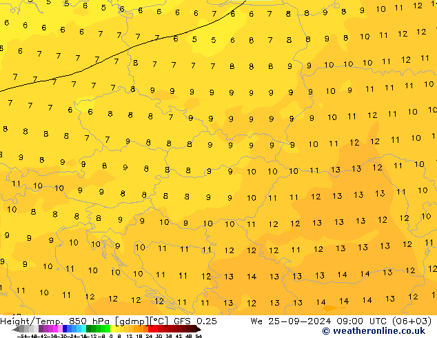 Z500/Rain (+SLP)/Z850 GFS 0.25 Qua 25.09.2024 09 UTC