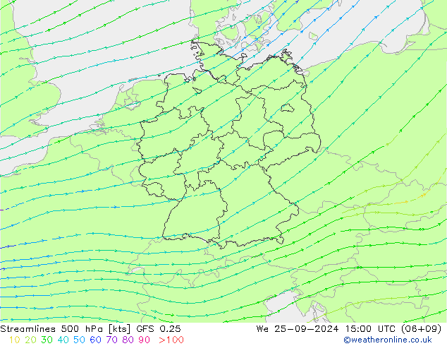 Linea di flusso 500 hPa GFS 0.25 mer 25.09.2024 15 UTC