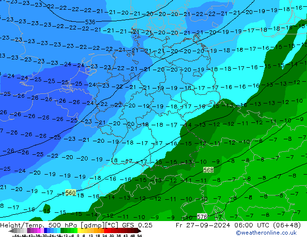 Z500/Rain (+SLP)/Z850 GFS 0.25 Pá 27.09.2024 06 UTC