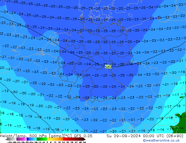 Z500/Yağmur (+YB)/Z850 GFS 0.25 Paz 29.09.2024 00 UTC