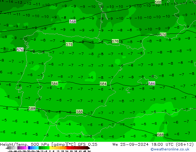 Z500/Rain (+SLP)/Z850 GFS 0.25 mié 25.09.2024 18 UTC