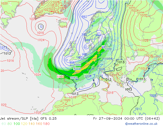 Jet stream/SLP GFS 0.25 Fr 27.09.2024 00 UTC