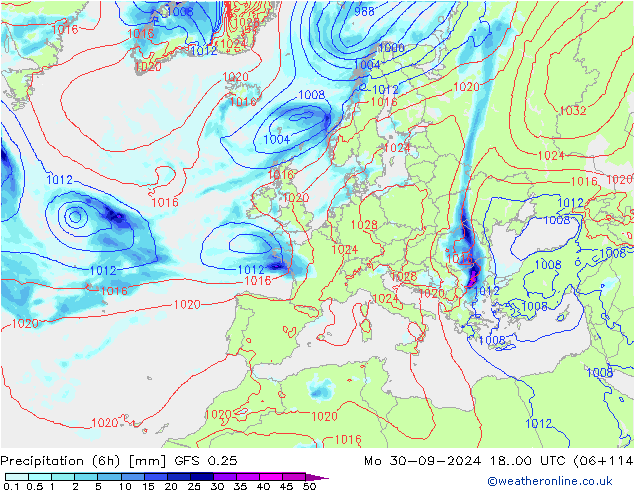 Z500/Rain (+SLP)/Z850 GFS 0.25  30.09.2024 00 UTC