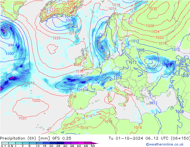 Precipitación (6h) GFS 0.25 mar 01.10.2024 12 UTC