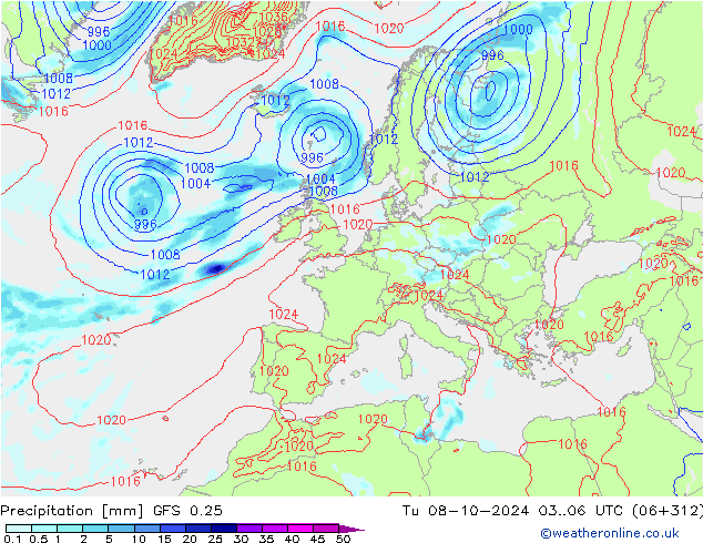 Précipitation GFS 0.25 mar 08.10.2024 06 UTC