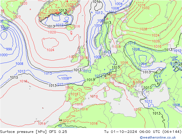 Atmosférický tlak GFS 0.25 Út 01.10.2024 06 UTC