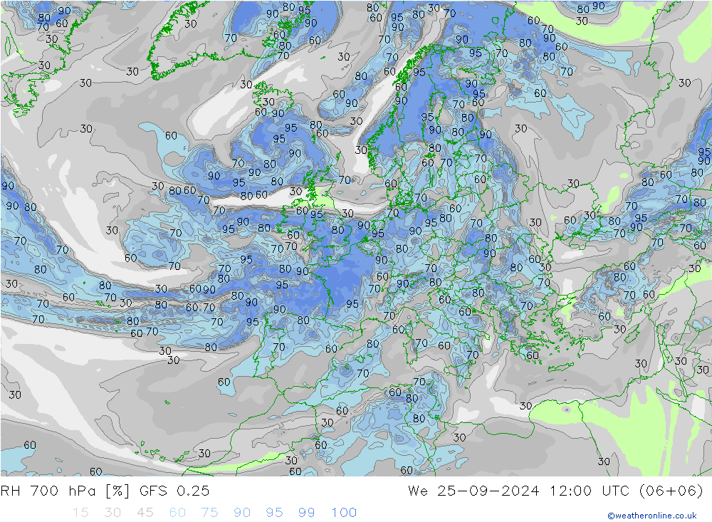 RH 700 hPa GFS 0.25 mer 25.09.2024 12 UTC