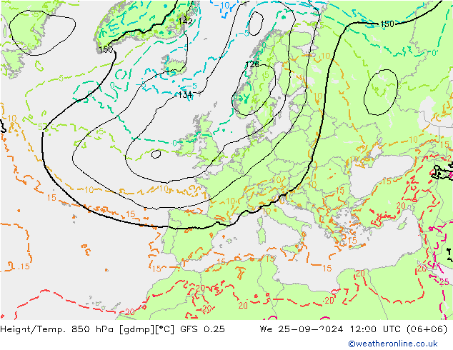 Z500/Rain (+SLP)/Z850 GFS 0.25 We 25.09.2024 12 UTC