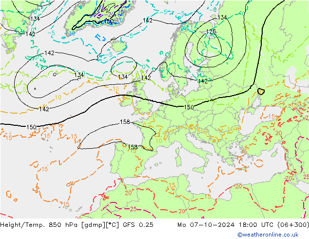 Height/Temp. 850 hPa GFS 0.25  07.10.2024 18 UTC