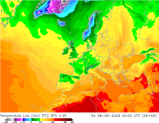 temperatura mín. (2m) GFS 0.25 Sáb 28.09.2024 00 UTC