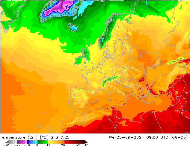 Temperatura (2m) GFS 0.25 Qua 25.09.2024 09 UTC