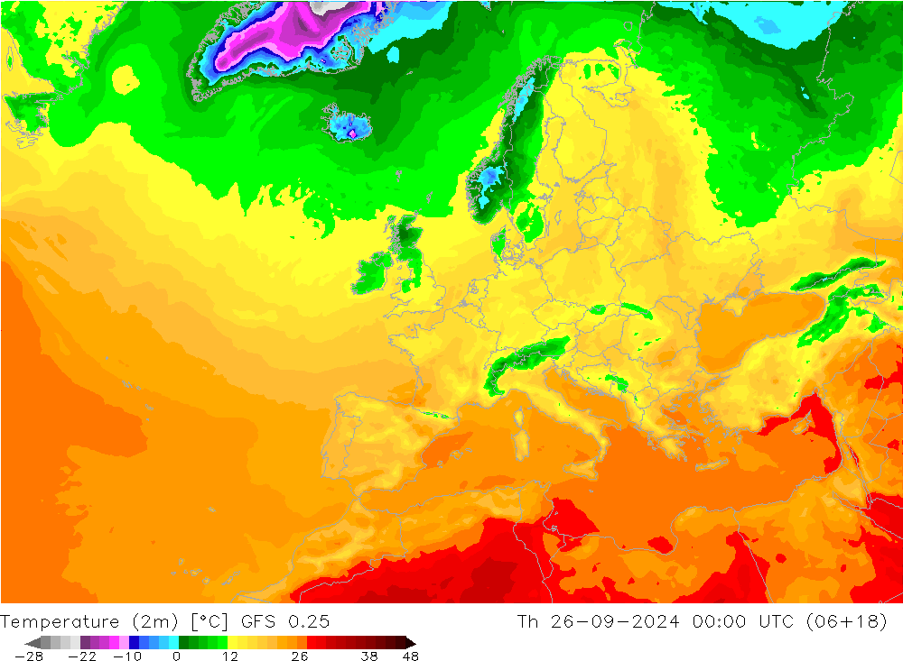 Temperature (2m) GFS 0.25 Čt 26.09.2024 00 UTC