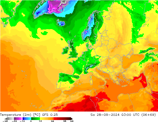 température (2m) GFS 0.25 sam 28.09.2024 03 UTC