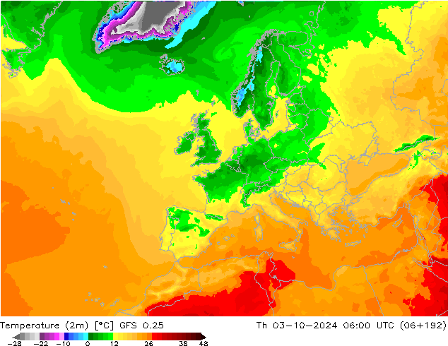 Temperatura (2m) GFS 0.25 Qui 03.10.2024 06 UTC