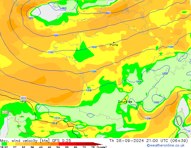 Max. wind velocity GFS 0.25 Th 26.09.2024 21 UTC