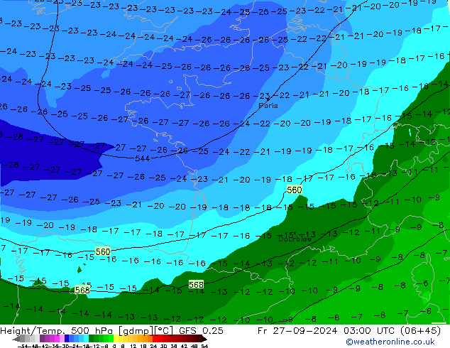 Z500/Rain (+SLP)/Z850 GFS 0.25 Pá 27.09.2024 03 UTC