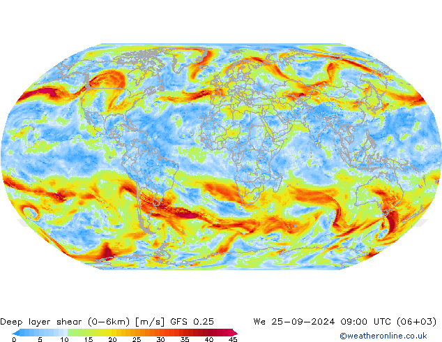 Deep layer shear (0-6km) GFS 0.25 wo 25.09.2024 09 UTC