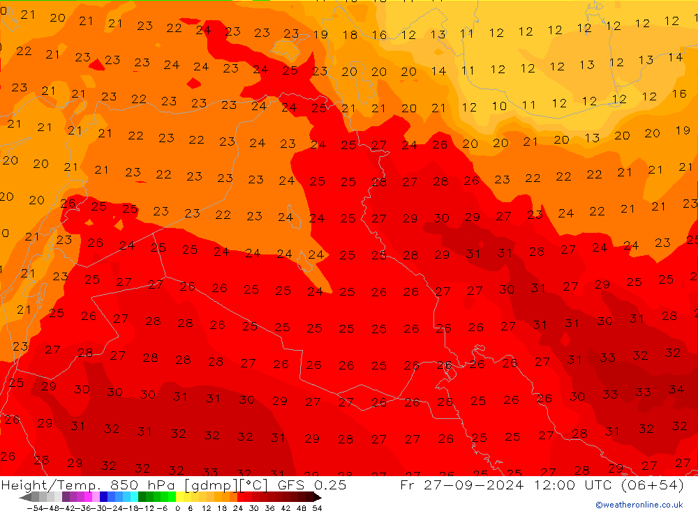 Height/Temp. 850 hPa GFS 0.25 Fr 27.09.2024 12 UTC