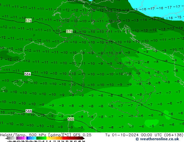 Z500/Rain (+SLP)/Z850 GFS 0.25  01.10.2024 00 UTC