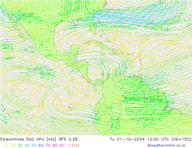 Streamlines 500 hPa GFS 0.25 Tu 01.10.2024 12 UTC