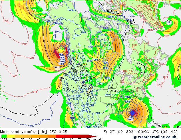 Max. wind velocity GFS 0.25 vie 27.09.2024 00 UTC