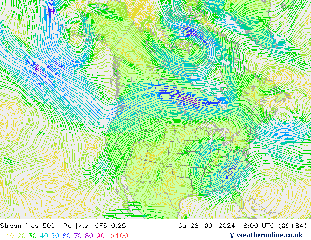 Linea di flusso 500 hPa GFS 0.25 sab 28.09.2024 18 UTC