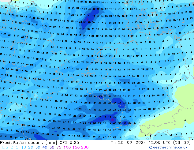 Totale neerslag GFS 0.25 do 26.09.2024 12 UTC