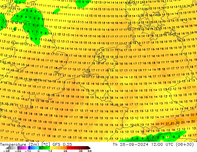 Temperatura (2m) GFS 0.25 Qui 26.09.2024 12 UTC