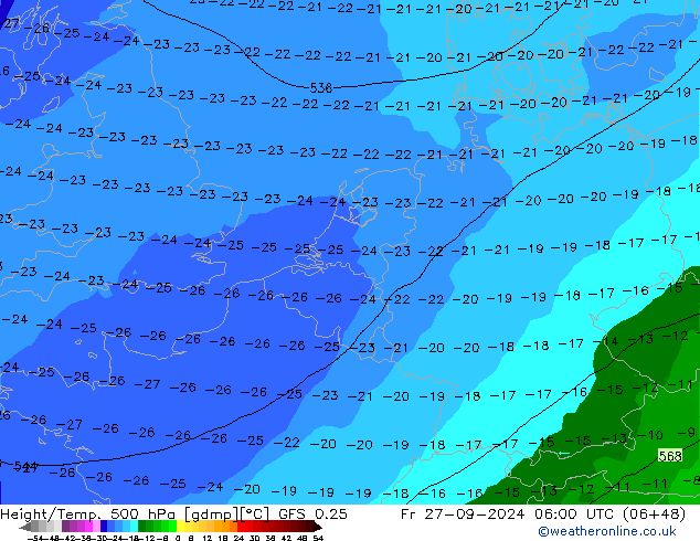 Height/Temp. 500 hPa GFS 0.25 ven 27.09.2024 06 UTC