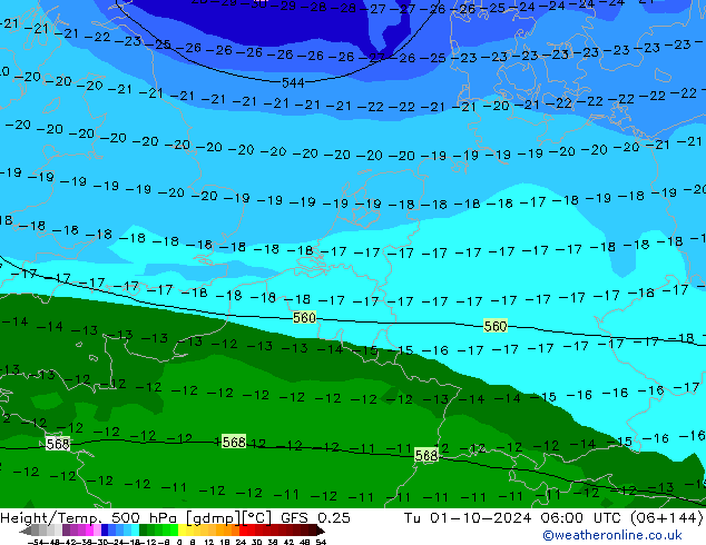 Z500/Rain (+SLP)/Z850 GFS 0.25 Tu 01.10.2024 06 UTC