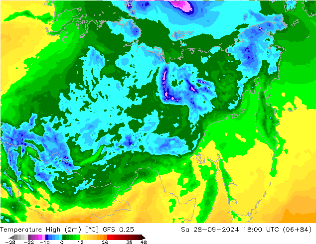 Temperature High (2m) GFS 0.25 Sa 28.09.2024 18 UTC