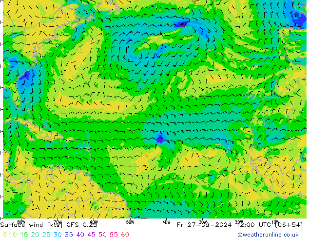 Surface wind GFS 0.25 Pá 27.09.2024 12 UTC