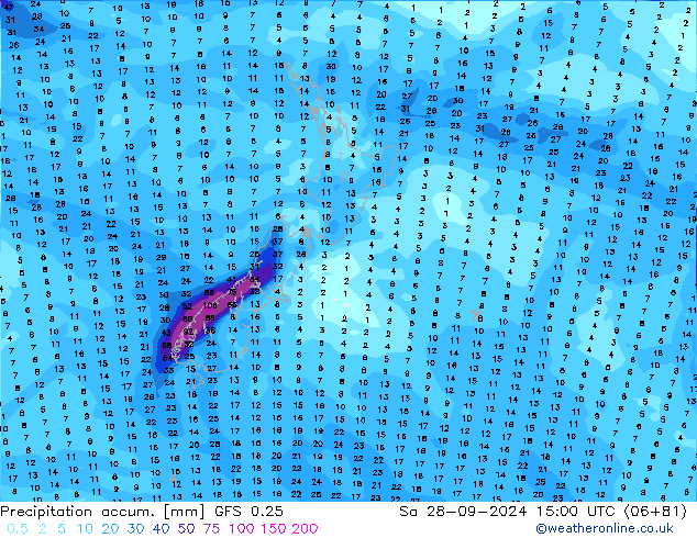 Precipitation accum. GFS 0.25 Sa 28.09.2024 15 UTC